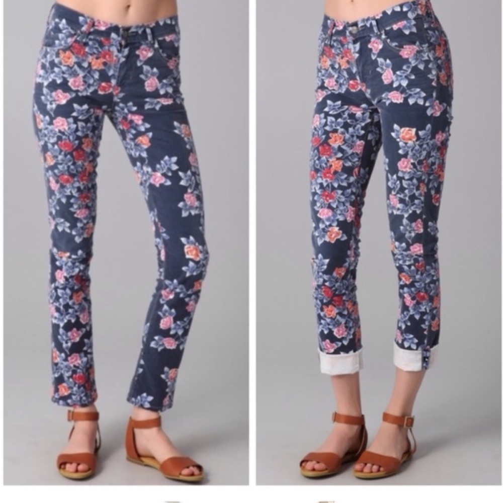 CITIZENS OF HUMANITY BLUE FLORAL THOMPSON MEDIUM RISE RETRO SLIM ROLL UP JEANS